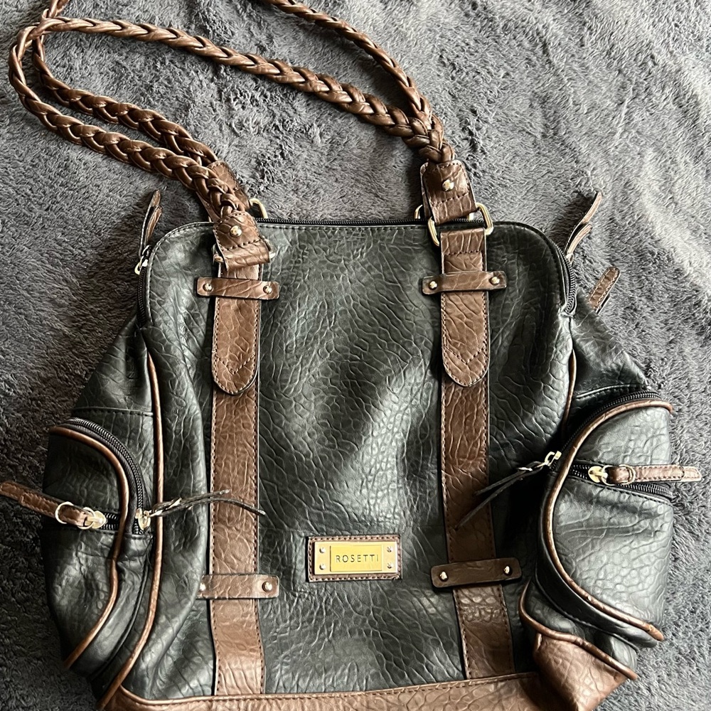 Rosetti Olive Green and Brown Braided-Handle Shoulder Tote